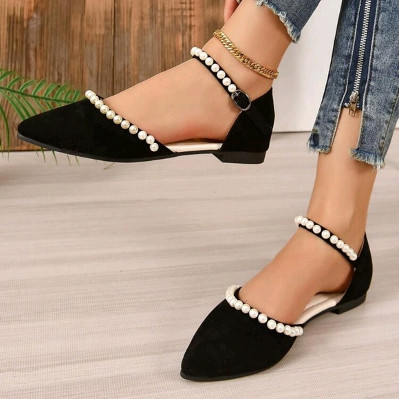 Women Faux Pearl Decor Point Toe Ankle Strap Flats, Fashion Outdoor Faux Suede F - Picture 5 of 7